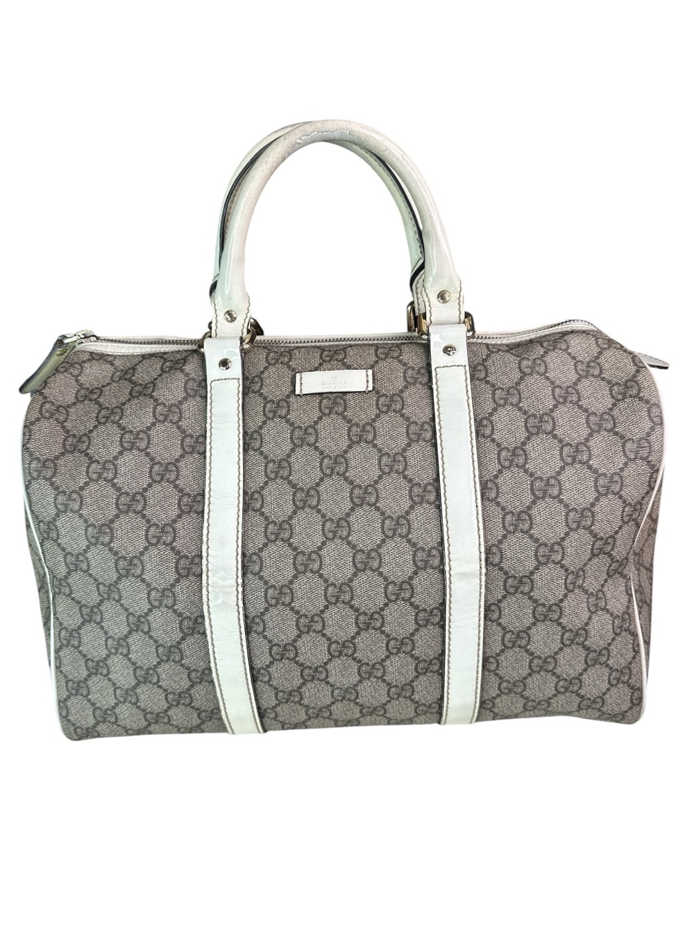 Gucci Beige Monogram Satchel with White Trim and Top Handles